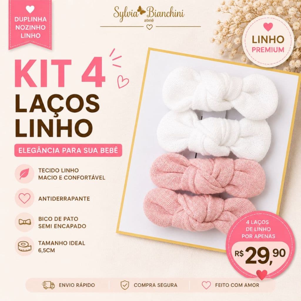 Kit 4 Laços Linho Bebê 6,5cm Antiderrapante Bico de Pato Infantil