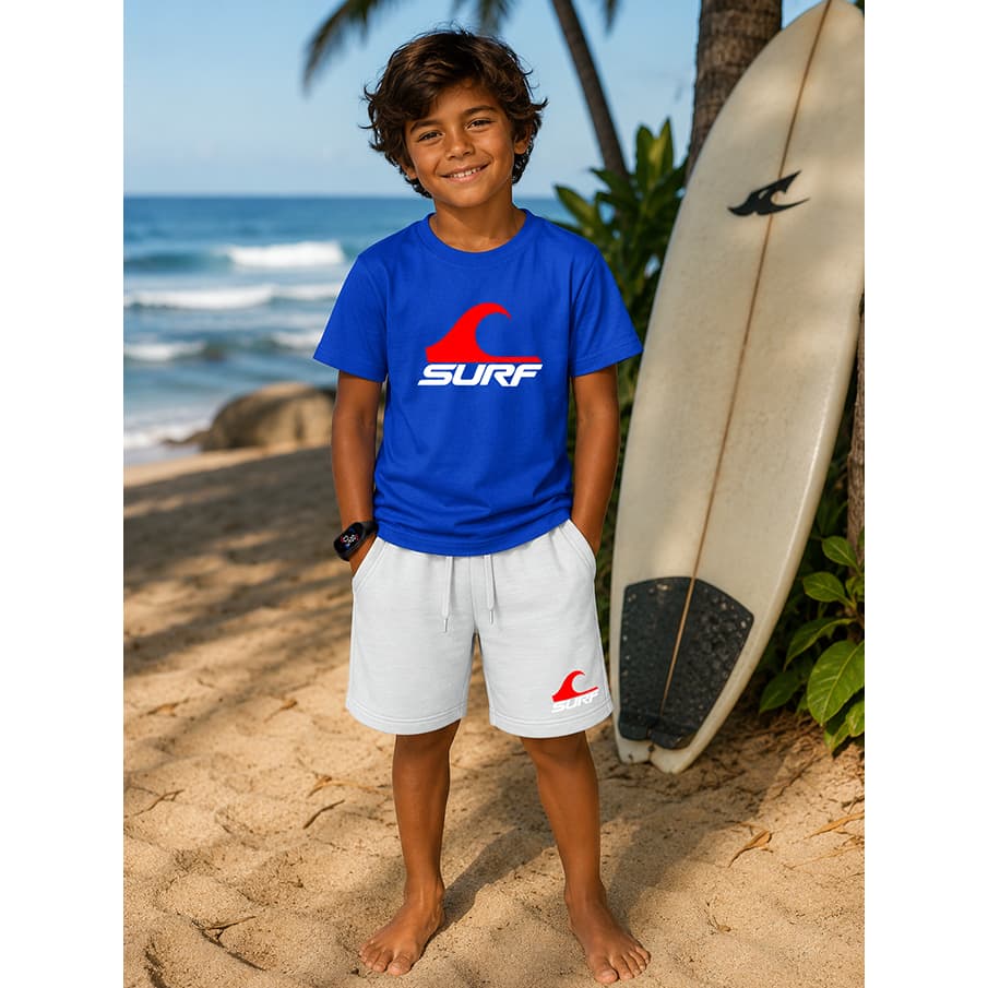 Conjunto Infantil Masculino Surf Camiseta Estampada Short moletin Casual + Relógio Brinde Promoção Criança