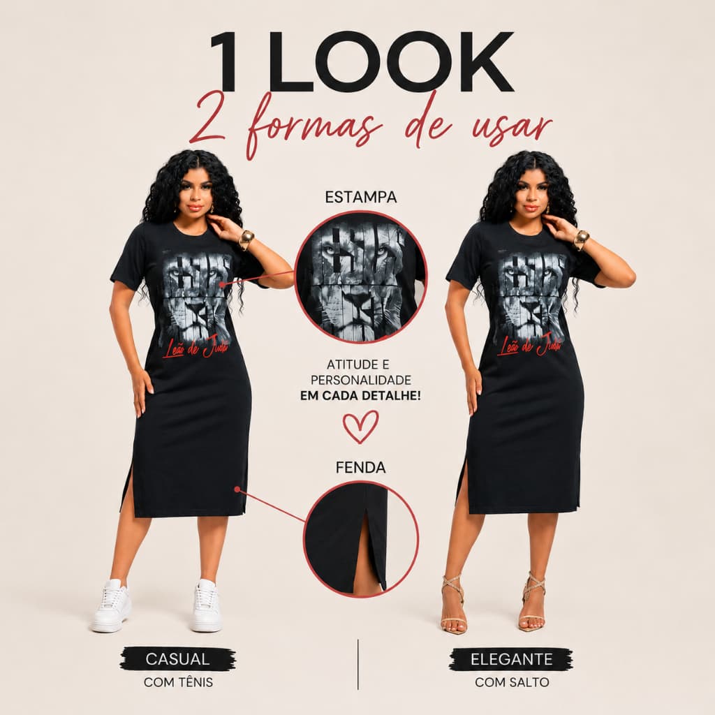 Vestido Feminino Midi Estampada Leão Com Fenda 100% Algodão