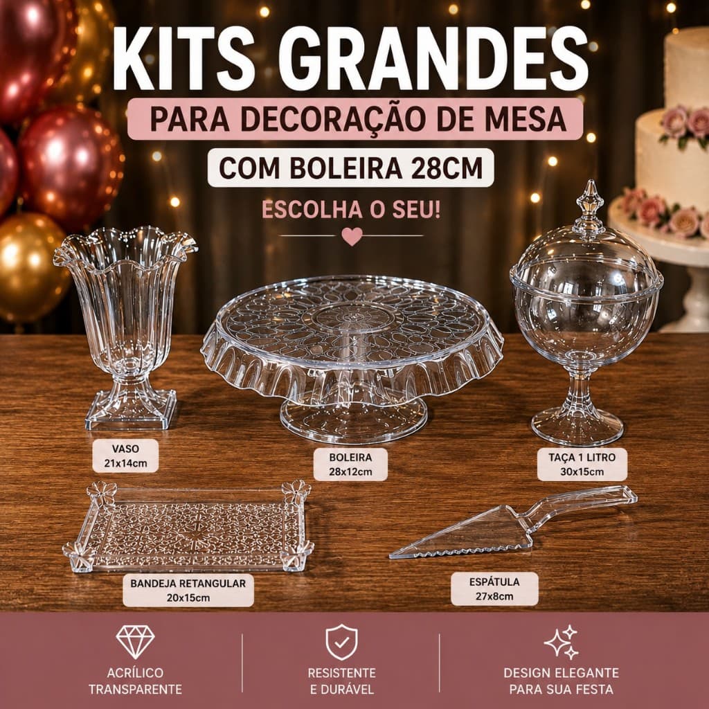 Kit Decoração de Festa Mesa Cristal Grande Boleira Espátula Vaso Taça Bandeja Transparente