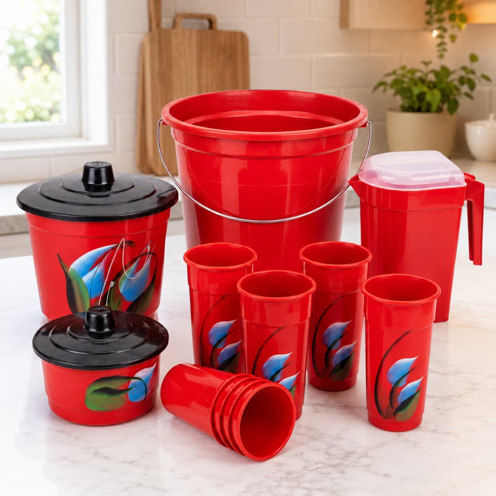 Kit Jogo De Cozinha Vermelho 10 Peças Balde 7,5L Jarra 1L Copos Porta Detergente Lixo Pia