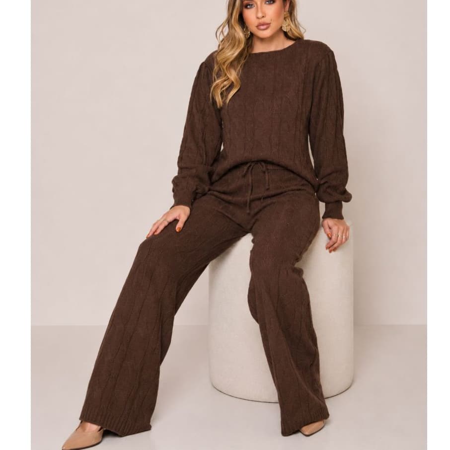 Conjunto Tricot Feminino Inverno Frio Mousse Calça Pantalona Blusa Suéter