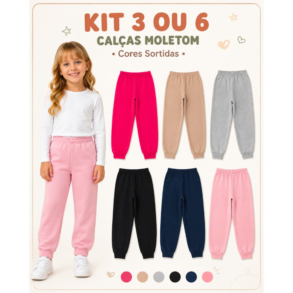 Kit 3 ou 6 Calça Moletom Menina Peluciada Feminino Bebe Infantil Juvenil Feminino Inverno Frio com Punho