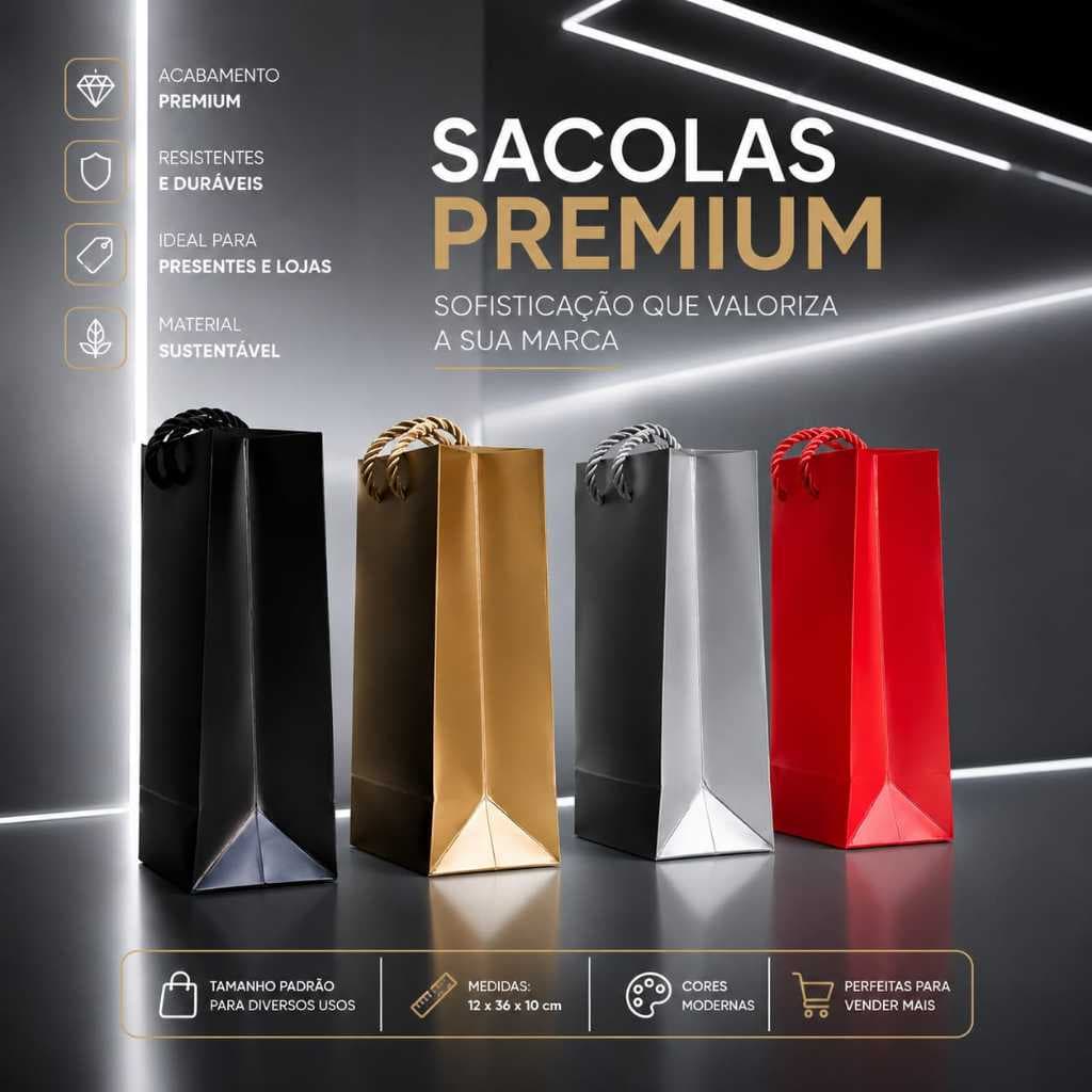 12 Sacolas de Papel Premium para Presente 14x6x15 / 18X10X23 Alça Cordão | Embalagem Luxo Resistente
