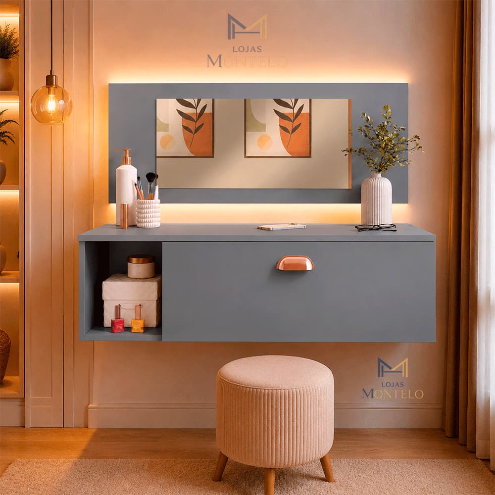 Penteadeira Camarim Suspensa COM ESPELHO, Gaveta com Divisória e Nichos decor organizador Elegante Make Up