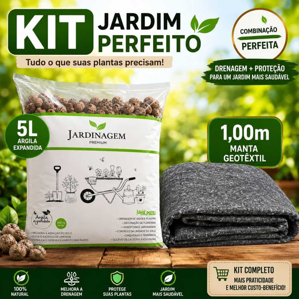 Kit Drenagem Premium Argila Expandida 5L + Manta Geotêxtil Bidim 1x1 Jardim Vasos