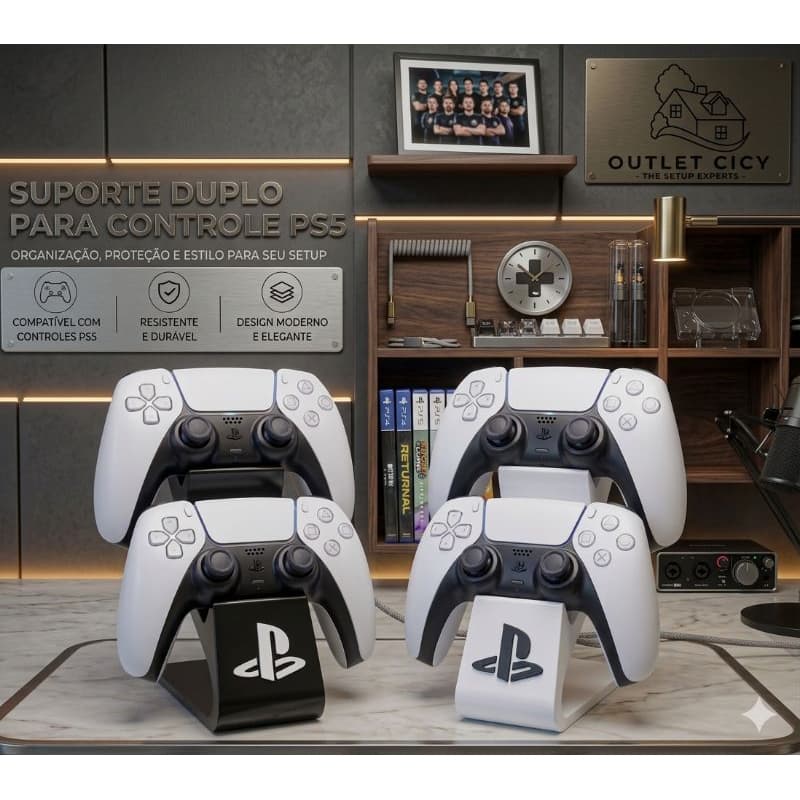 Suporte  para 2 Controles PS5 - PS4  - Duplo -  DualSense | Organizador Gamer Premium- branco -preto