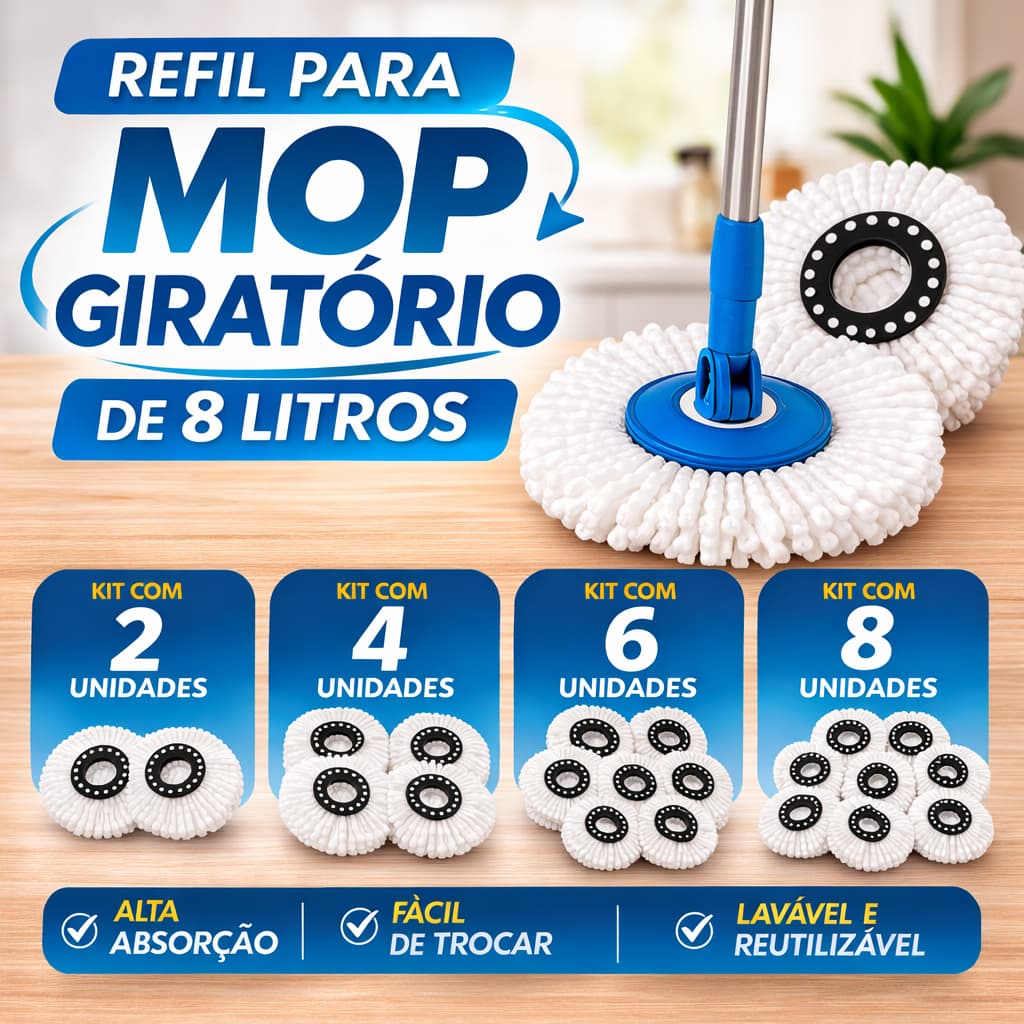 Kit com 2/4/6/8 Unidades de Refil de Microfibra para Mop Giratório de 8 Litros