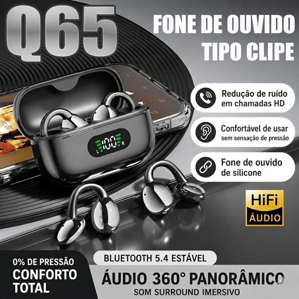 2026 Q65 Fones de ouvido Bluetooth TWS esportivos com clipe LED Display Touch 5.1 Hi res