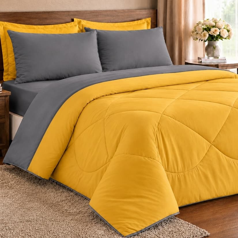KIT TERNURA EDREDOM + 2 FORNHAS CASAL QUEEN DUPLA FACE COM 03 PEÇAS  PROMOÇÃO !  - ( amarelo / cinza )