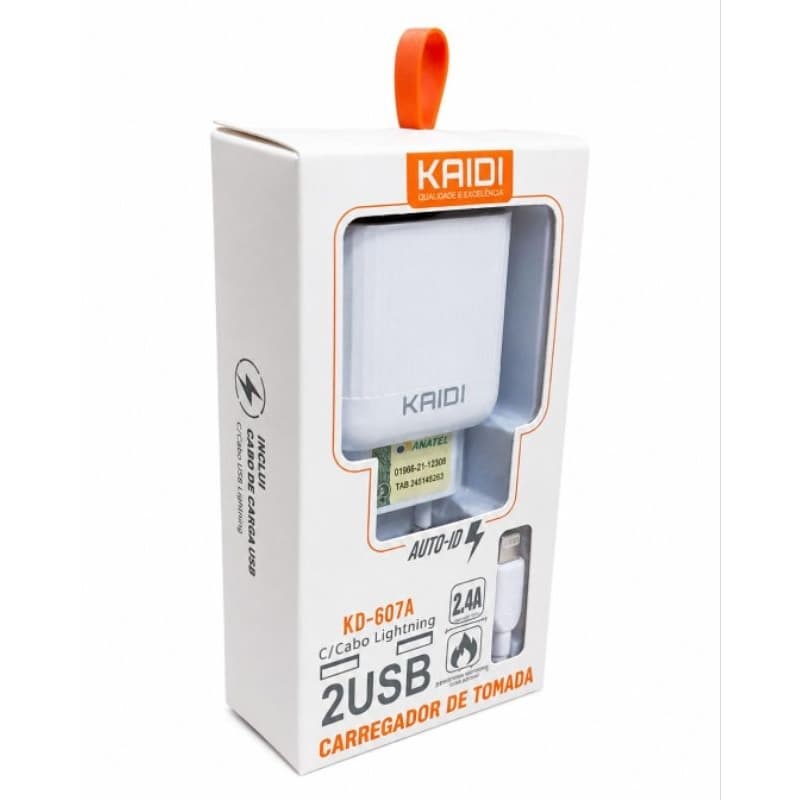 Carregador Kaidi KD-607A 2 Portas USB 2.4A com Cabo Lightning para iPhone Carregador Turbo Bivolt