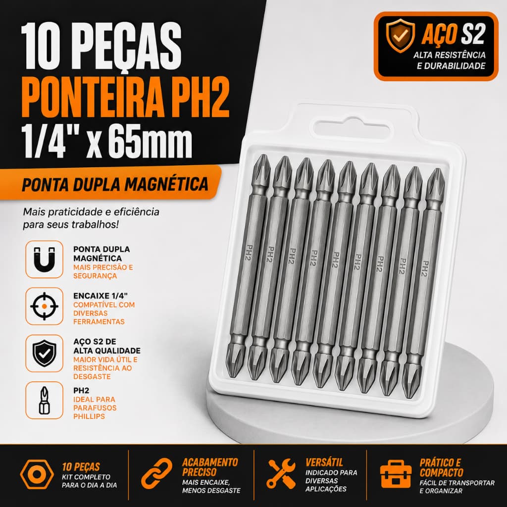 Bits para parafusadeira ponteira dupla Philips magnética PH2 1/4 x 65mm com 5 ou 10 Peças