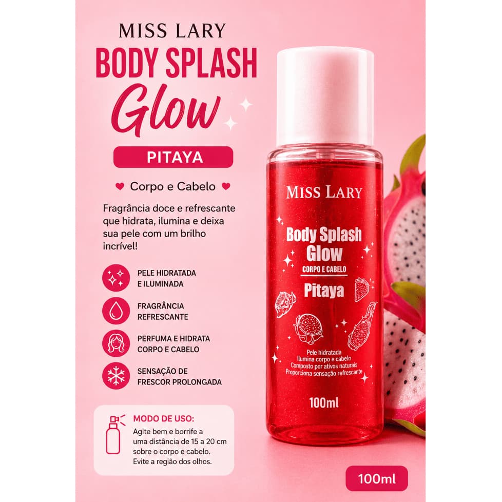 Body Splash Glow Glitter Corpo e Cabelo Pitaya 100ml