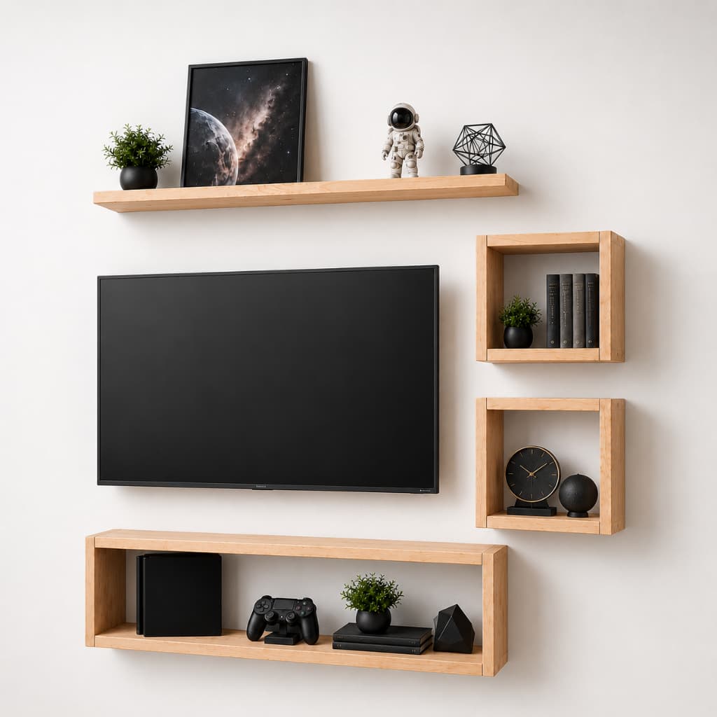 Rack Suspenso de Parede Para TV com Nichos e Prateleira Madeira Pinus Natural