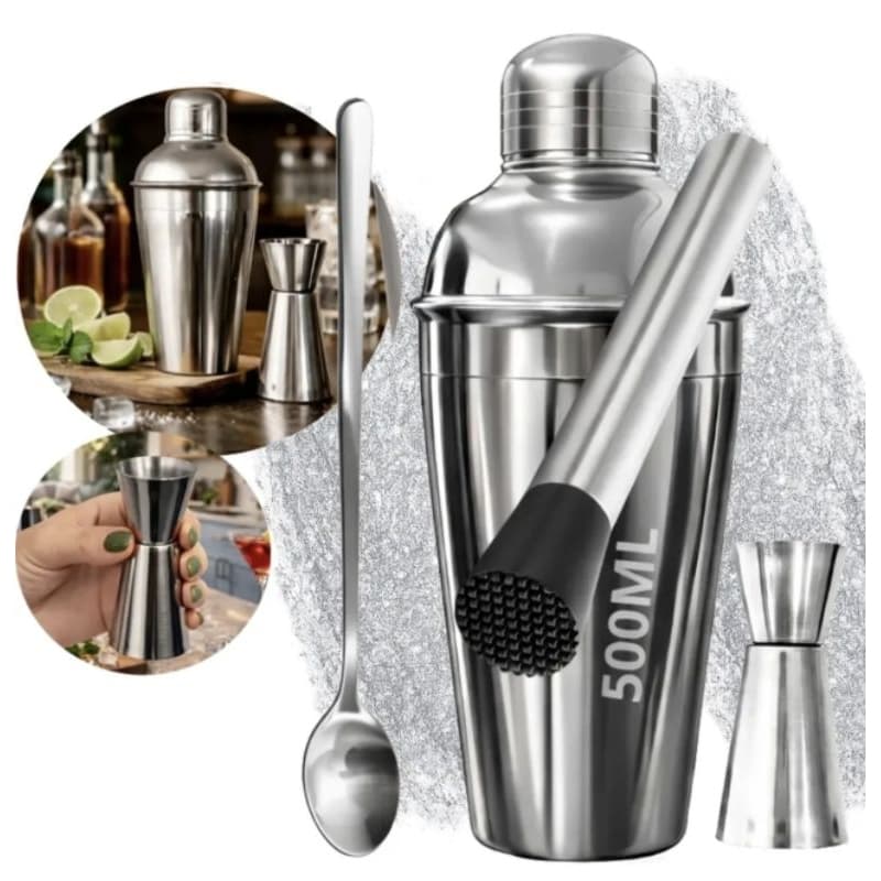 Kit Coqueteleira Inox 500ml Profissional – 4 Peças com Socador e Dosador