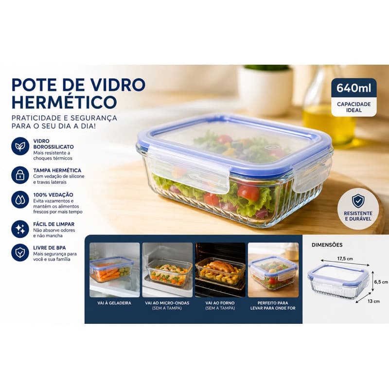 Marmita Pote Hermetico Estilo Retangular 640ml Tampa Vedacao Pratica Organizacao Perfeita