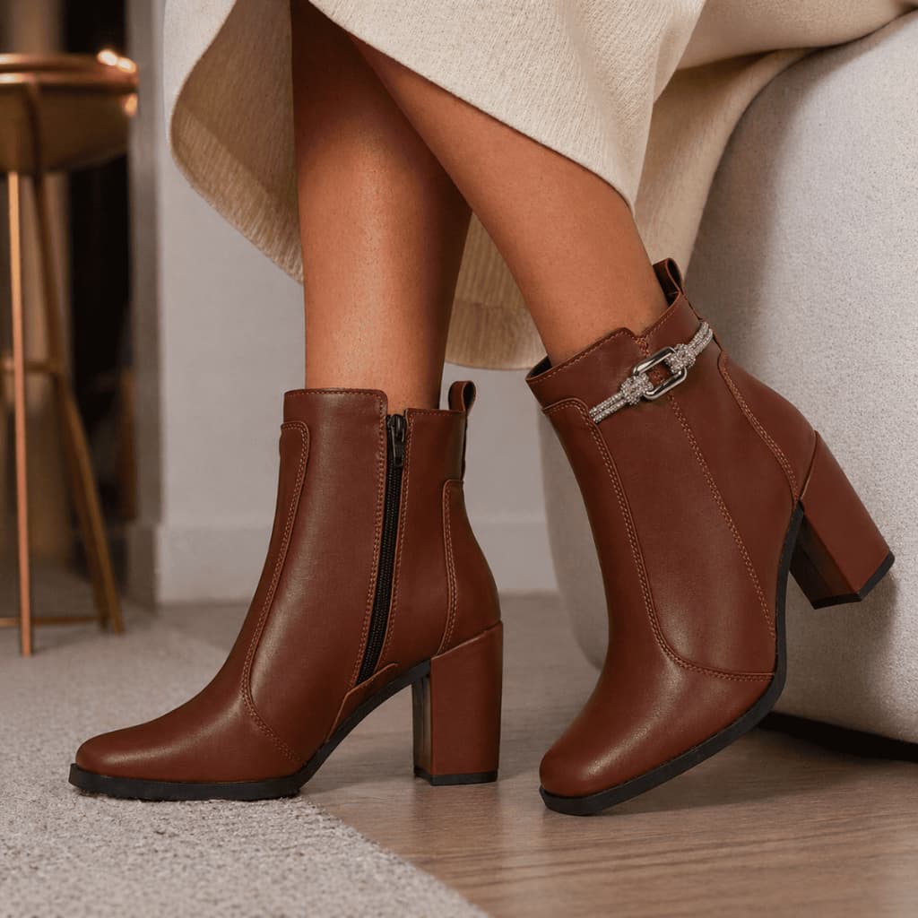 Bota Feminina Salto Bloco Grosso Cano Curto Coturno Brilho