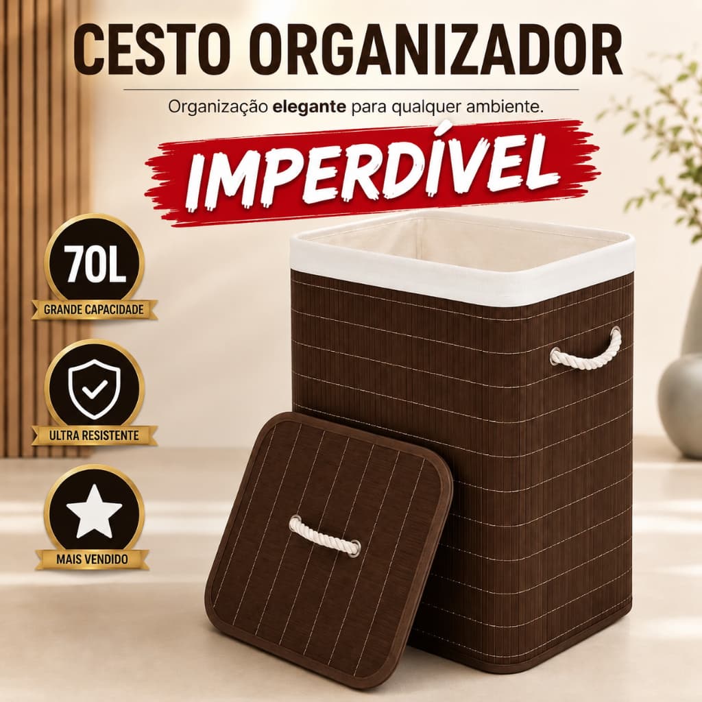 Cesto Organizador Bambu 70 Litros Marrom Com Tampa Alcas Resistentes