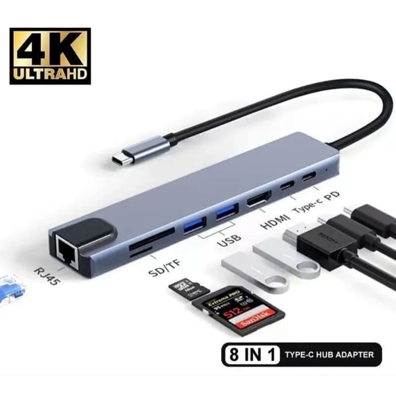 Adaptador Hub 8 Em 1 Tipo C Para HDMI com RJ45 SD/TF Leitor de Cartão PD Carga Rápida para MacBook Computador Portátil