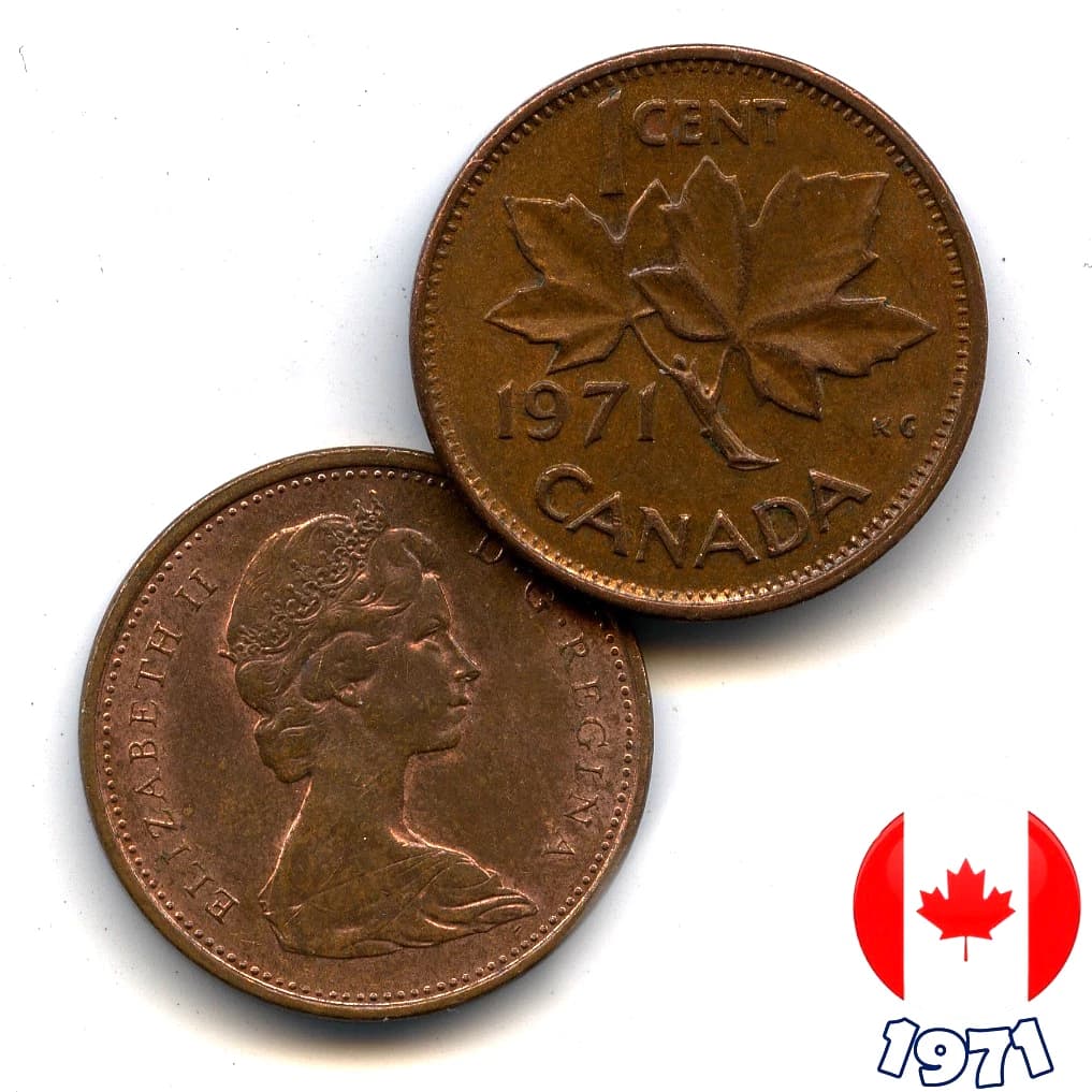 Moeda 1 cent Canada Elizabeth II flolha de bordo 1971 original top