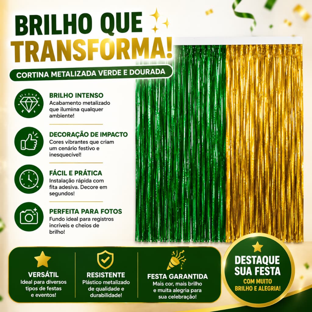 Kit Cortina Metalizada Franja Verde e Dourado 1x2m Decoração Festa Brasil Aniversário Fundo Painel