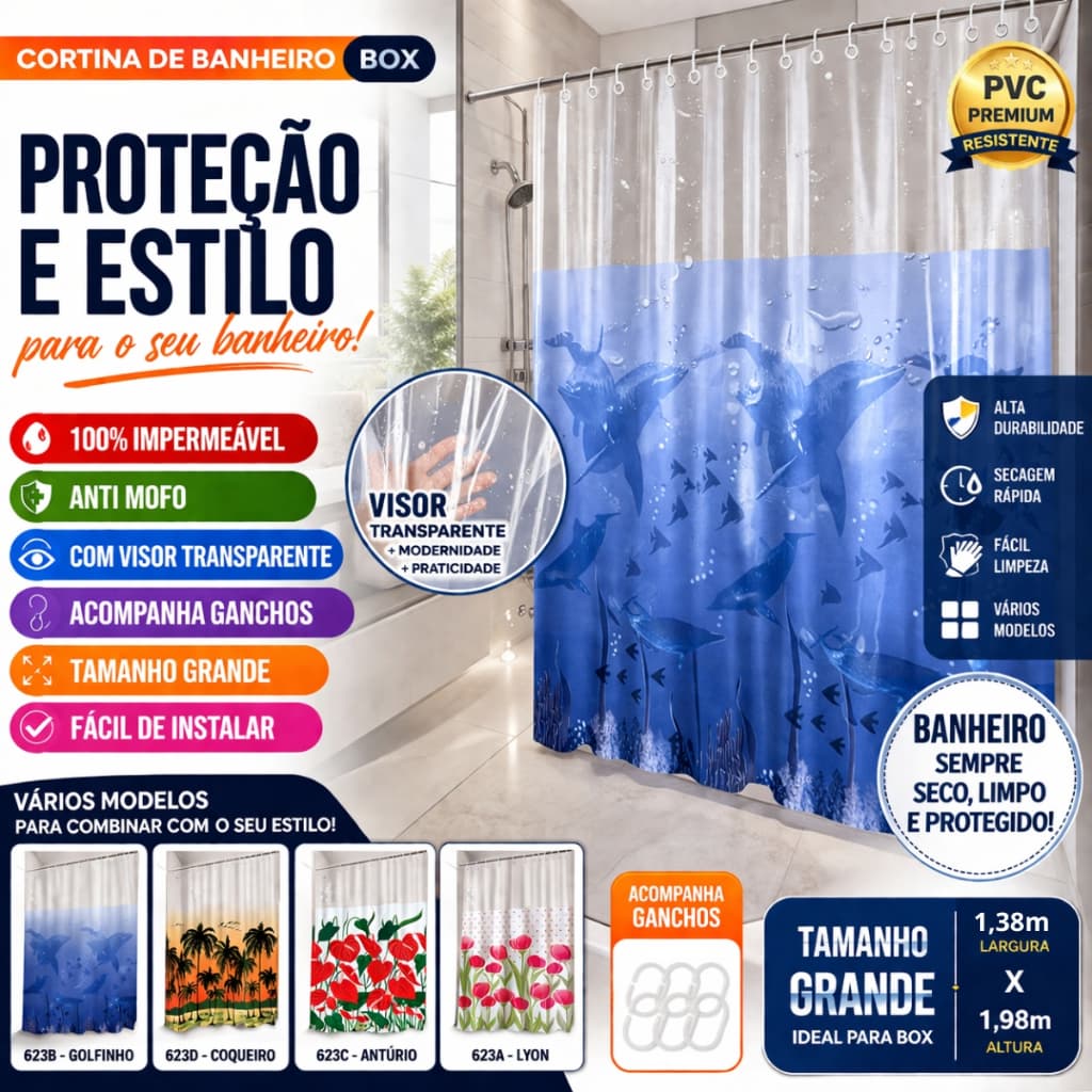 Cortina De Banheiro Box Com Visor Transparente Em PVC Anti Mofo Grande Com Ganchos Vários Modelos