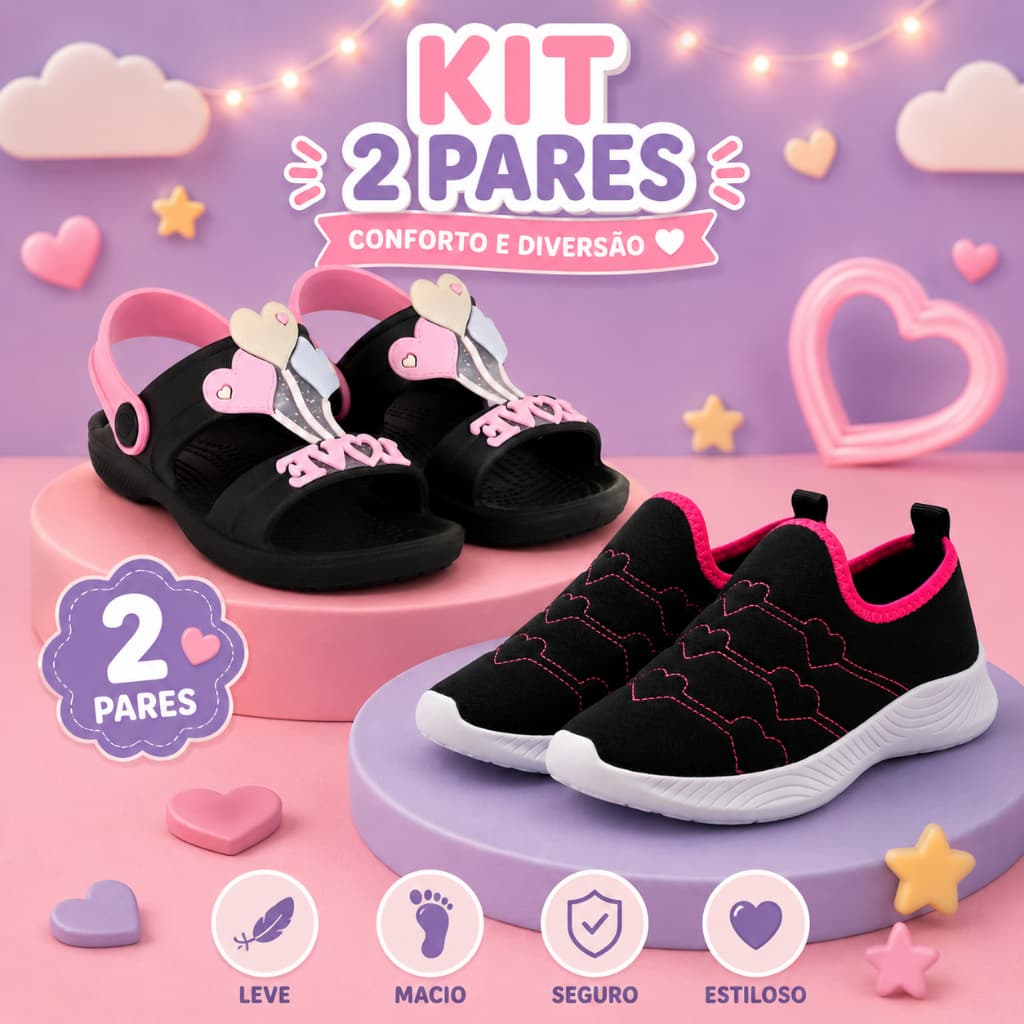 Kit Tênis Infantil Feminino + Sandália Papete Leve e Confortável
