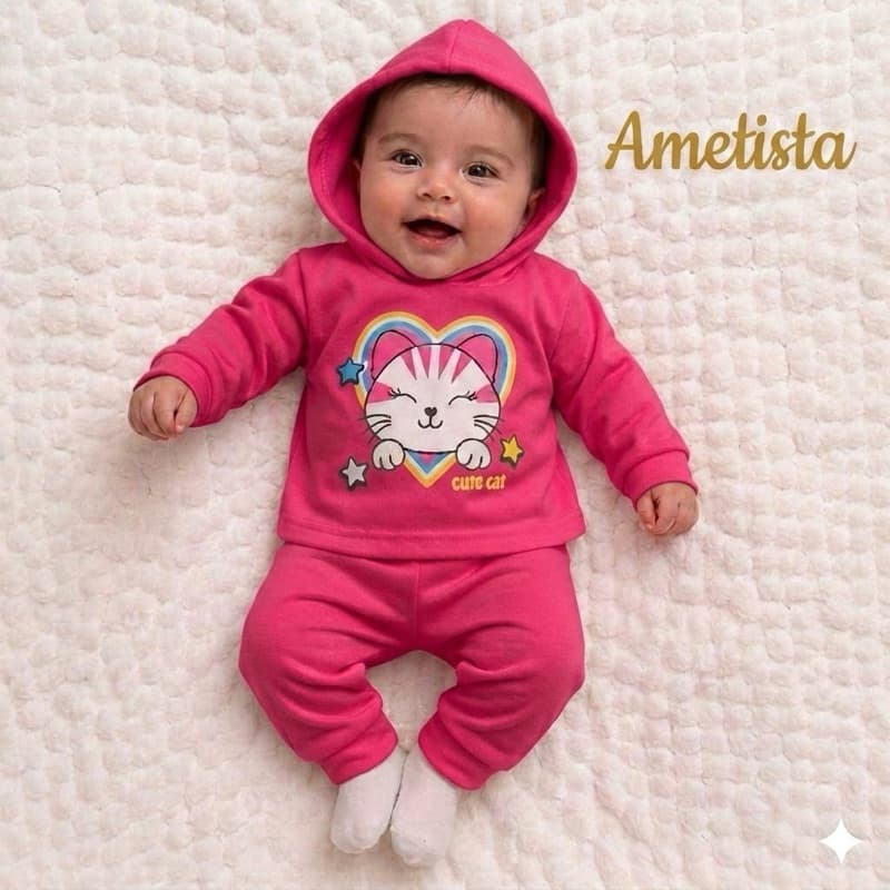 Conjunto Bebê Inverno Capuz Gatinho Calça Comprida e Blusa Manga Longa Roupa Infantil Algodão