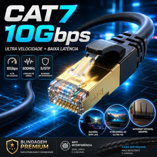 Cabo Rede Cat7 Blindado 10Gbps 600MHz RJ45 Ethernet Gamer Alta Velocidade PC Smart TV Modem Roteador Cabo Lan Preto