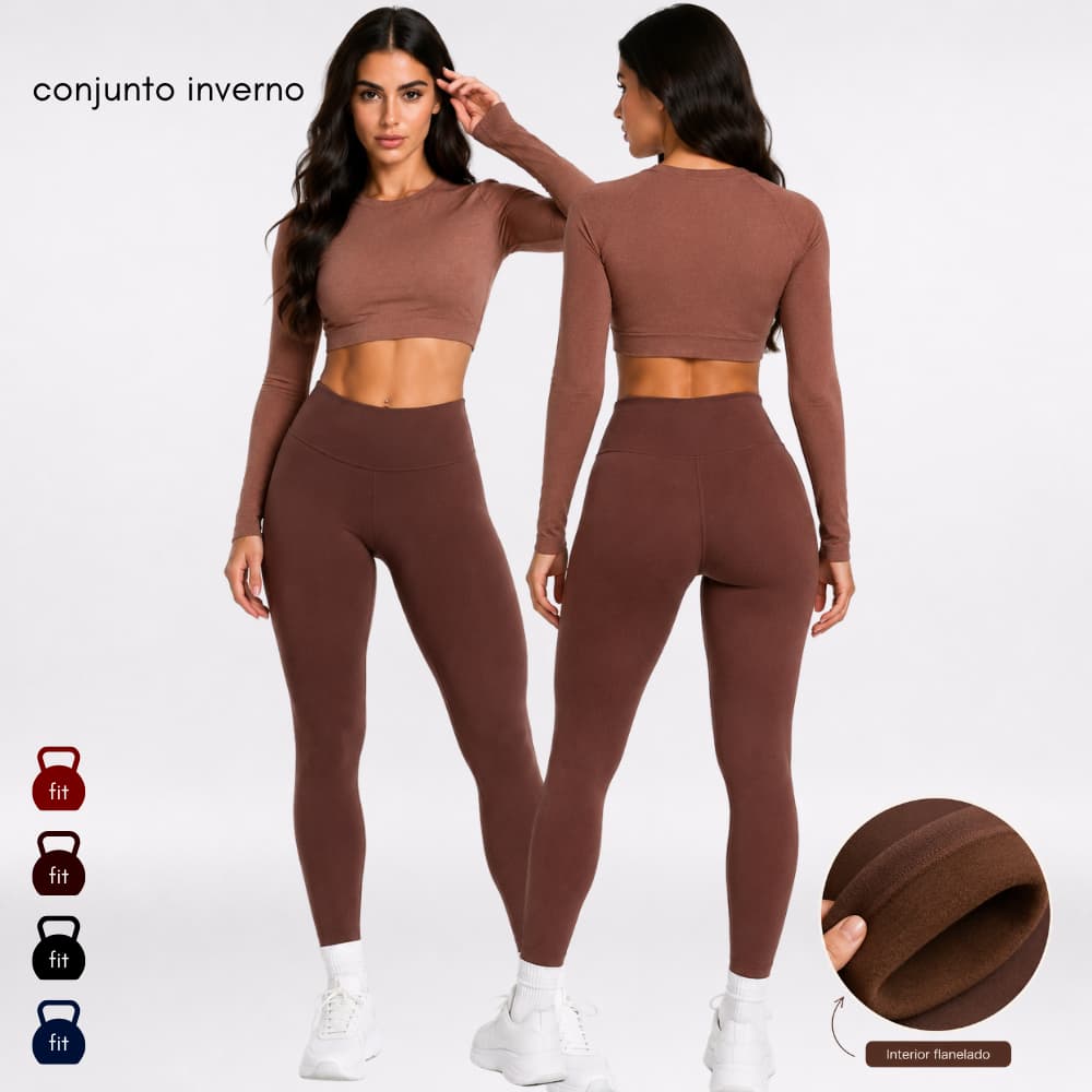 Conjunto de Inverno Academia, Legguing Flanelada, Top Manga Longa, Feminino.