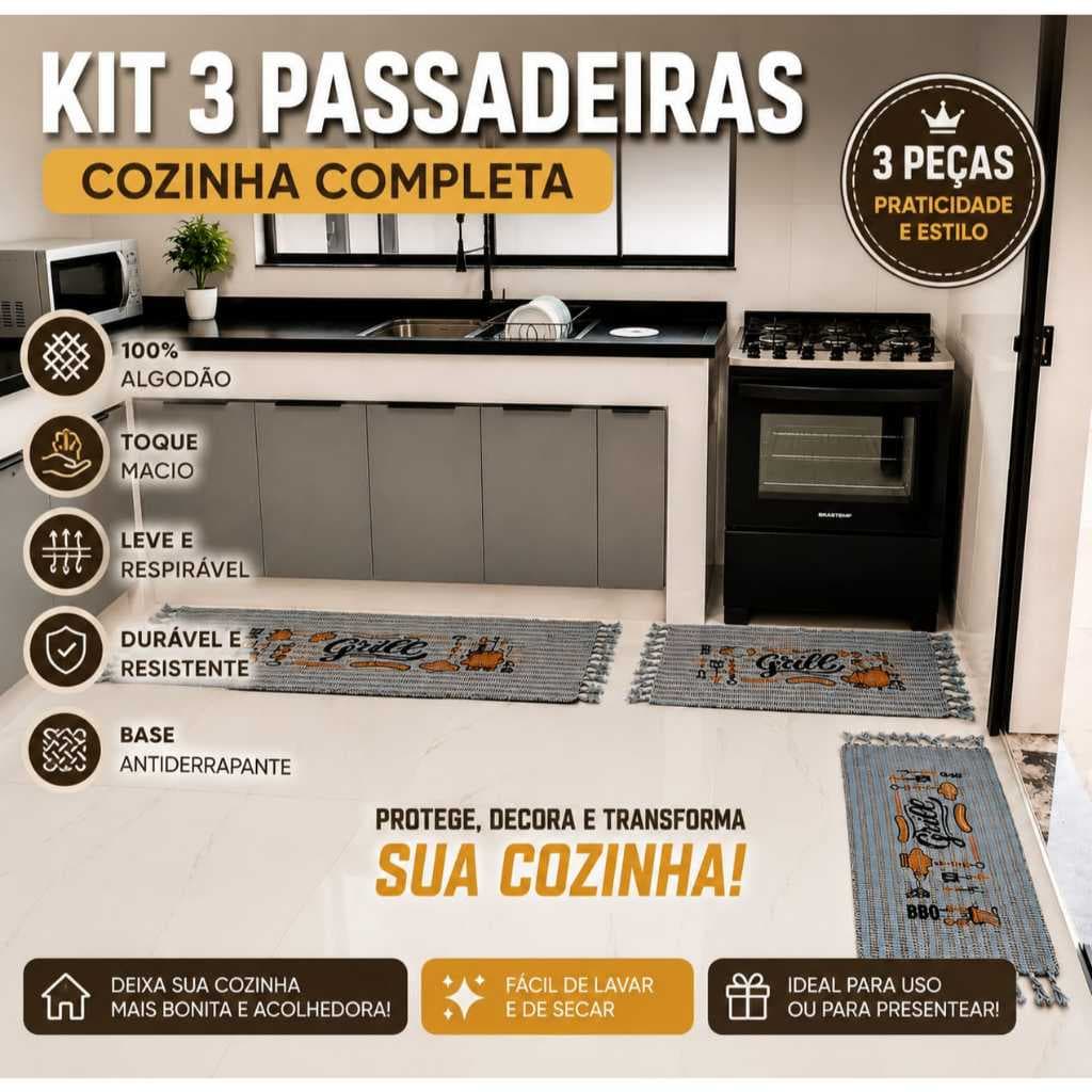Jogo De Tapete 3 Peças Passadeira Para Cozinha Sala Banheiro Decoração Liso Listrado De Algodão