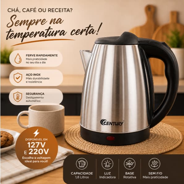 Chaleira Elétrica 2L Inox Ferve em Minutos 127V/220V Desligamento Automático Jarra Café Chá Rápido