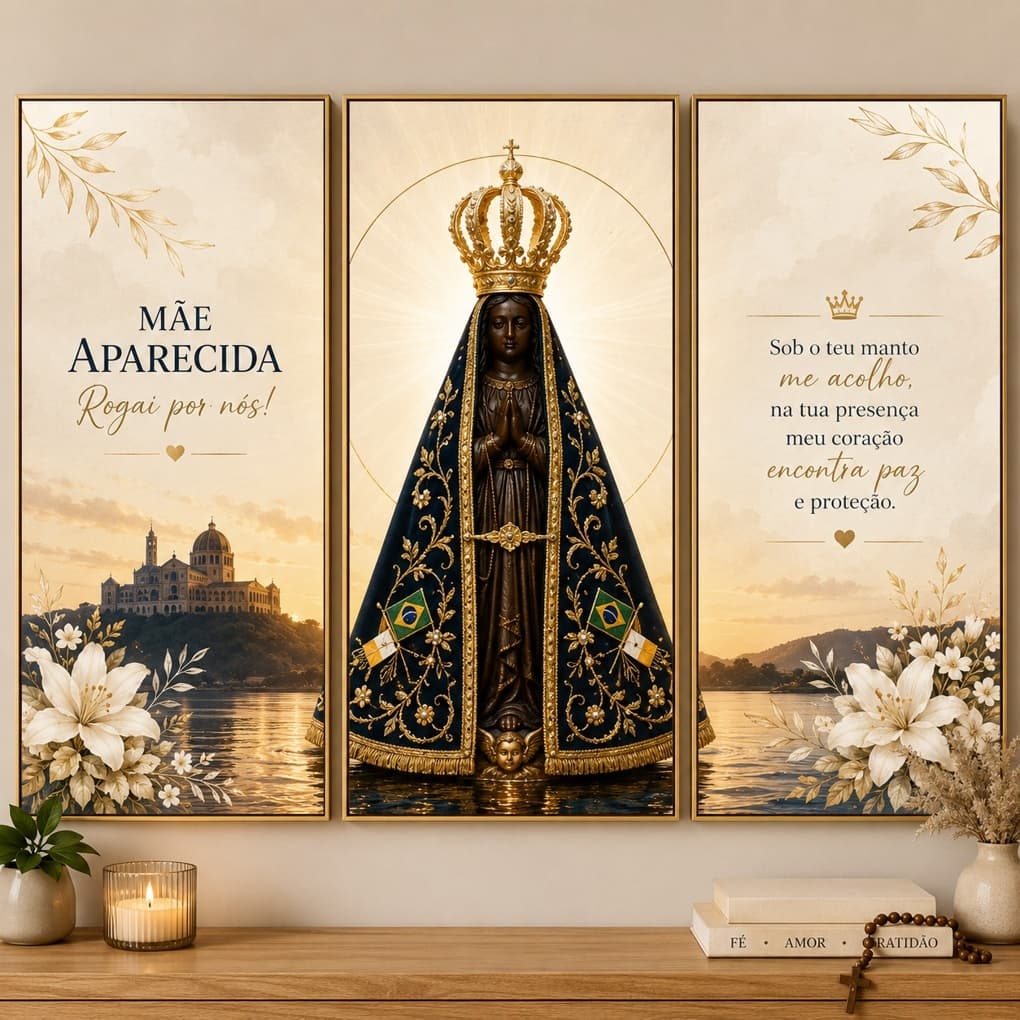 Quadro Nossa Senhora Aparecida 3 Peças Decorativo Religioso Frases Bege e Dourado Para Sala e Quarto