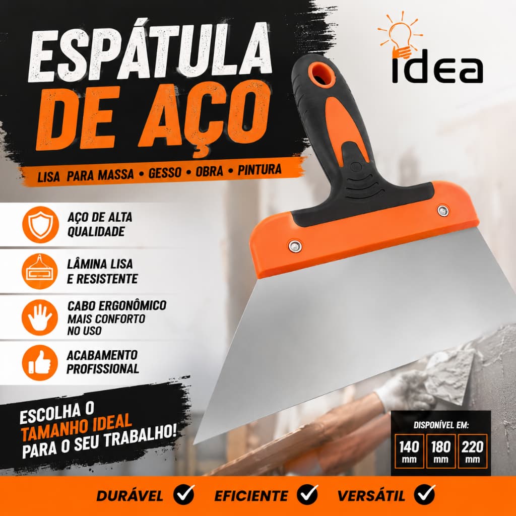 Espátula De Aço 140mm / 180mm e 220mm Lisa Para Massa Gesso Obra Pintura - Idea