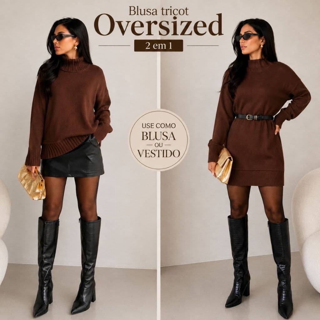 Blusa de Frio Oversized Tricot Modal Premium Elegante Vestido com Gola Alta com Mangas Compridas Feminina
