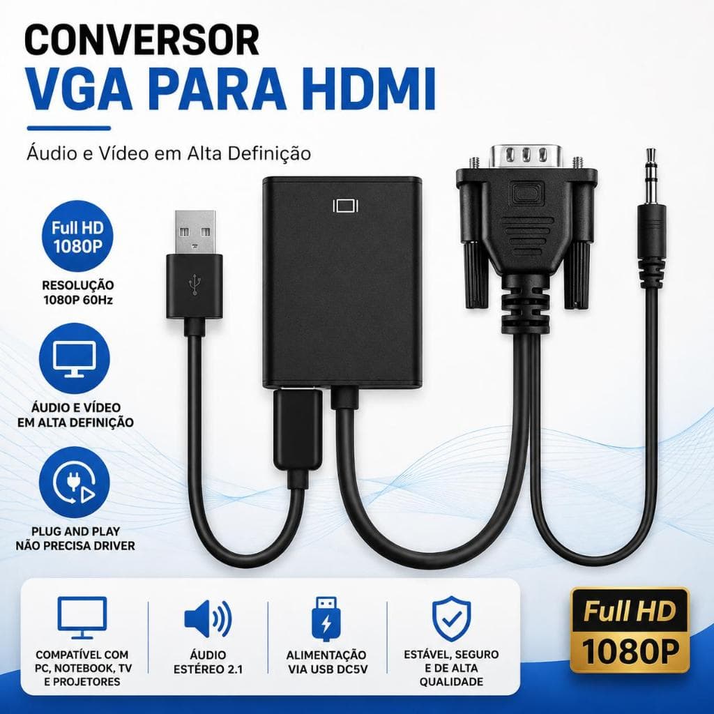 Conversor Adaptador VGA Para HDMI Com Áudio USB 1080P Full HD Notebook PC TV Monitor Projetor top
