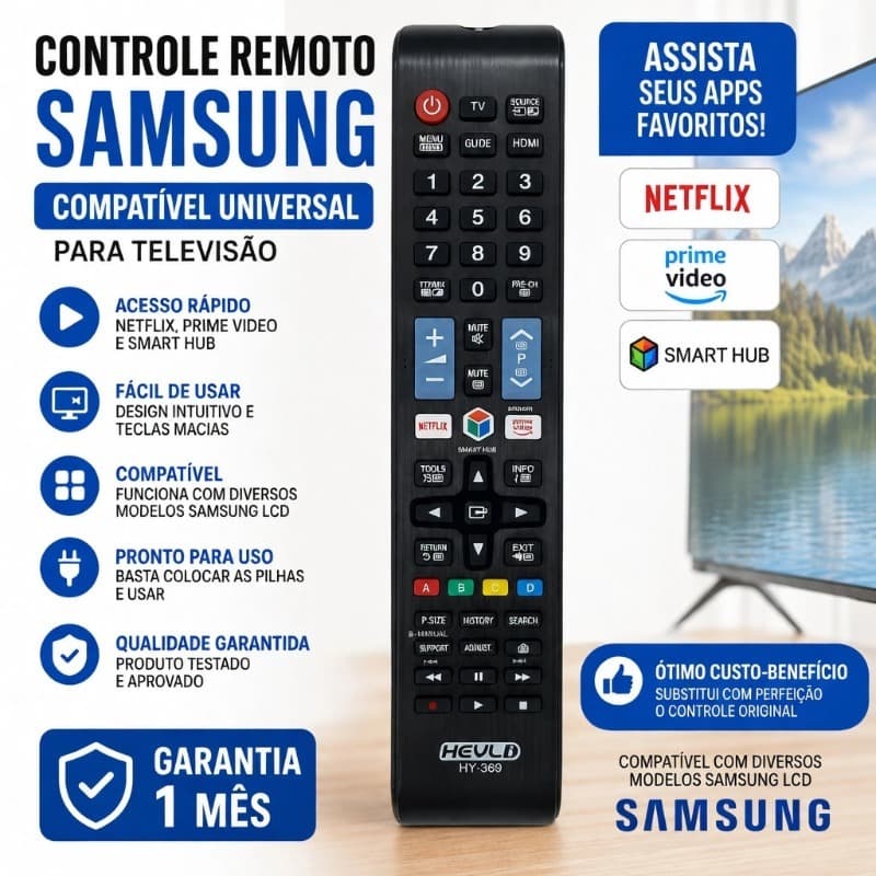 Controle Remoto TV SAMSUNG Compatível UNIVERSAL LCD / NETFOUTUBE, PRIME VIDEO Para Televisão / HY-369