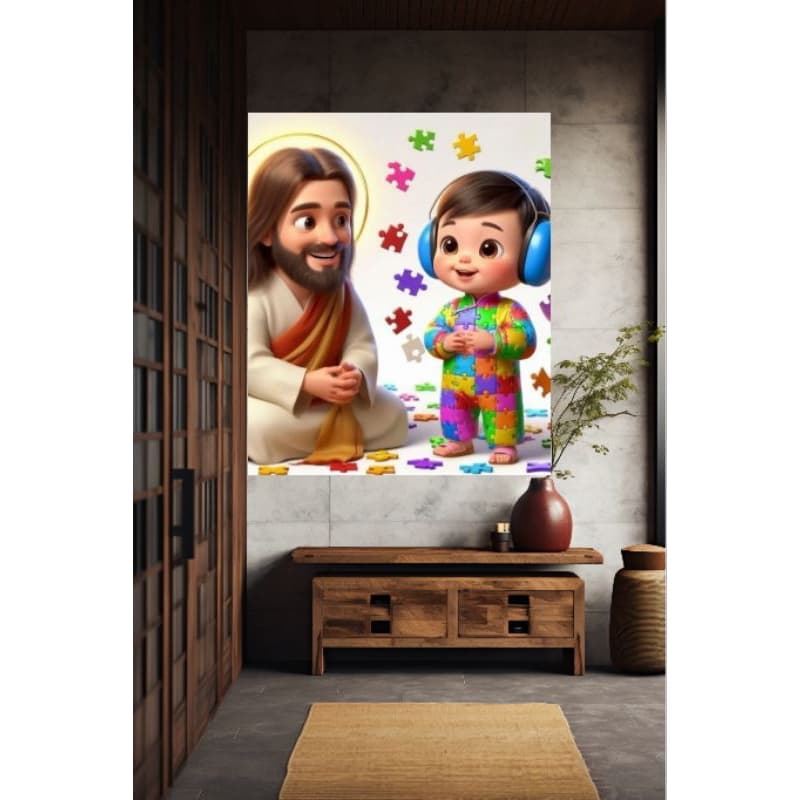 Quadros Decorativos Autismo TEA Menina ou Menino com Jesus Religioso Para Sala Quarto Escritório Decoração