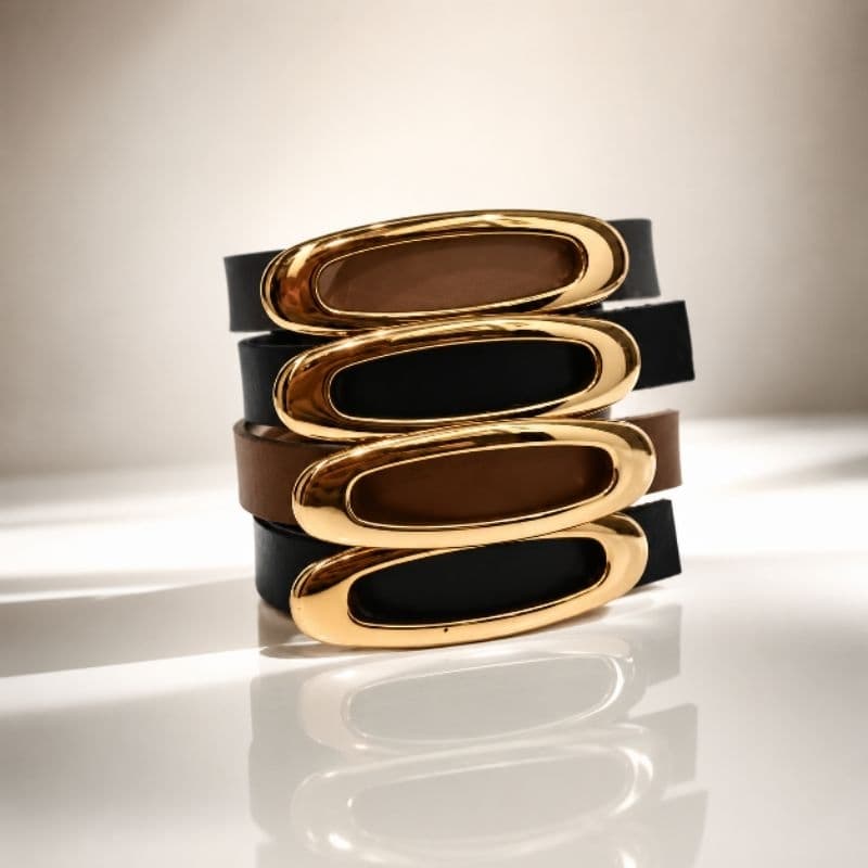 Cinto feminino fino da moda, fivela oval na cor dourada, disponível em 5 cores.