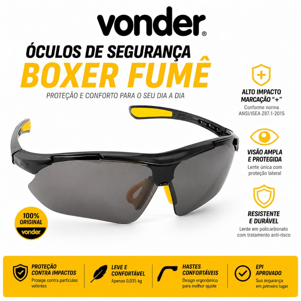 Óculos Segurança Vonder Boxer Fumê Proteção Alto Impacto
