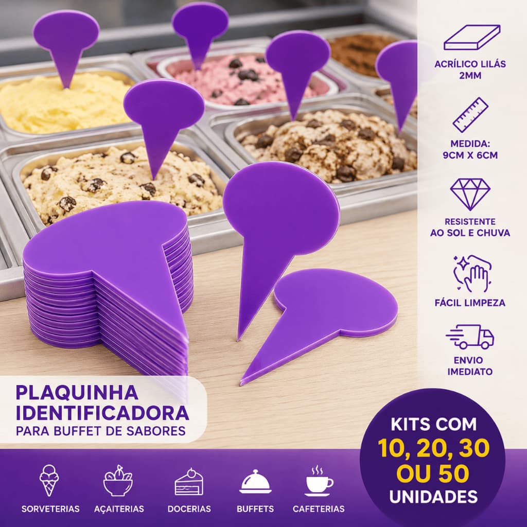 Plaquinha Identificadora para Buffet Sabor Sorvete em Acrílico Roxo 9x6cm