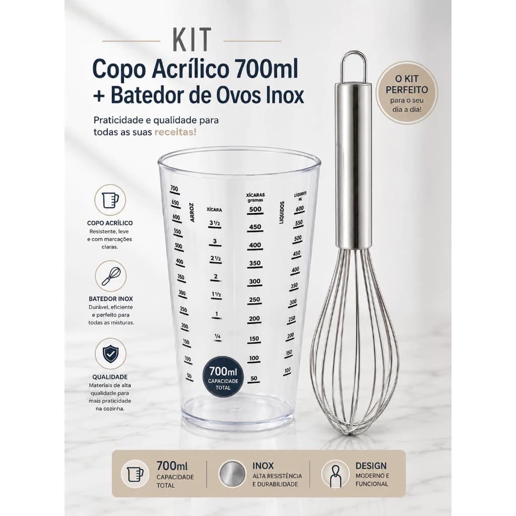 Kit 1 Copo Medidor Acrílico Graduado Dosador De Medidas 700 Ml e 1 Batedor Inox Profissional De Ovos