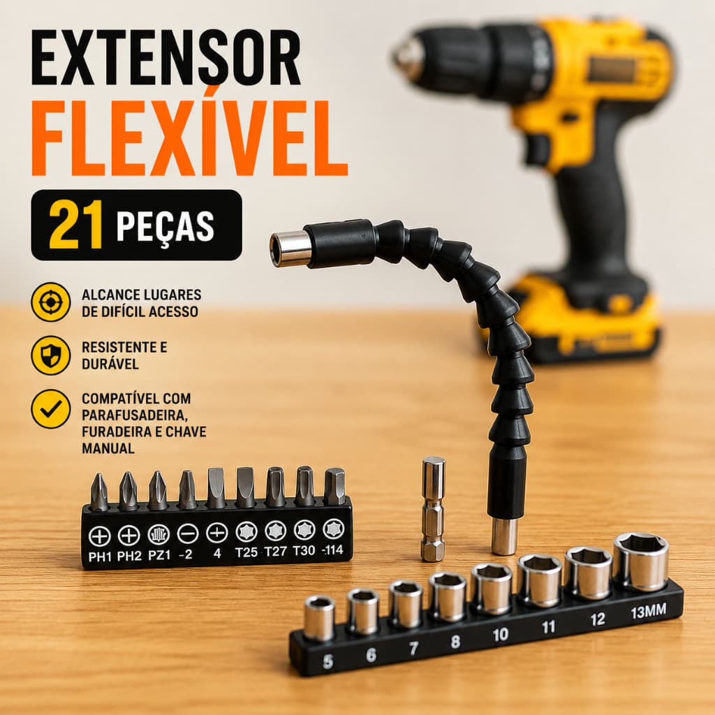 Kit Extensor Flexível para Parafusadeira com Bits e Soquetes | 21 Peças Versáteis e Reforçadas