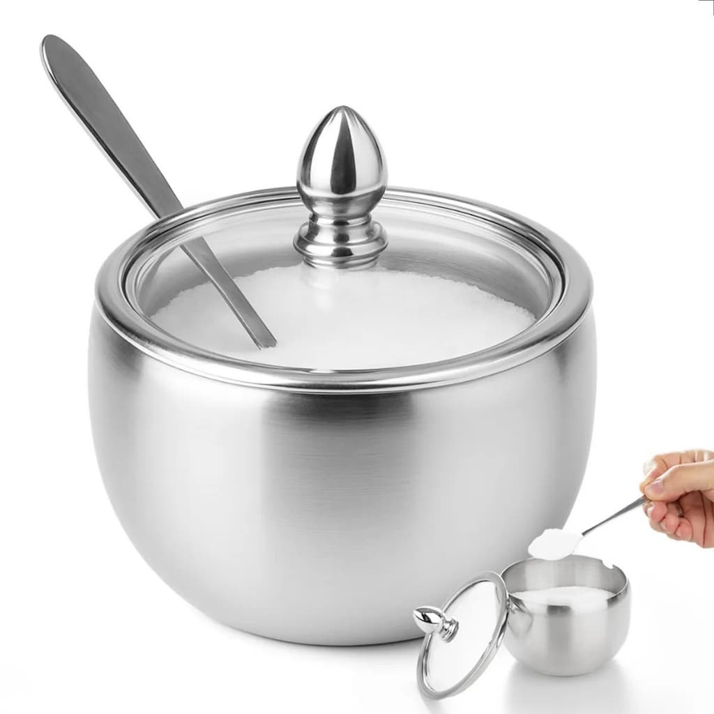 Açucareiro Inox com Tampa de Vidro e Colher Elegante e Prático para Café e Chá