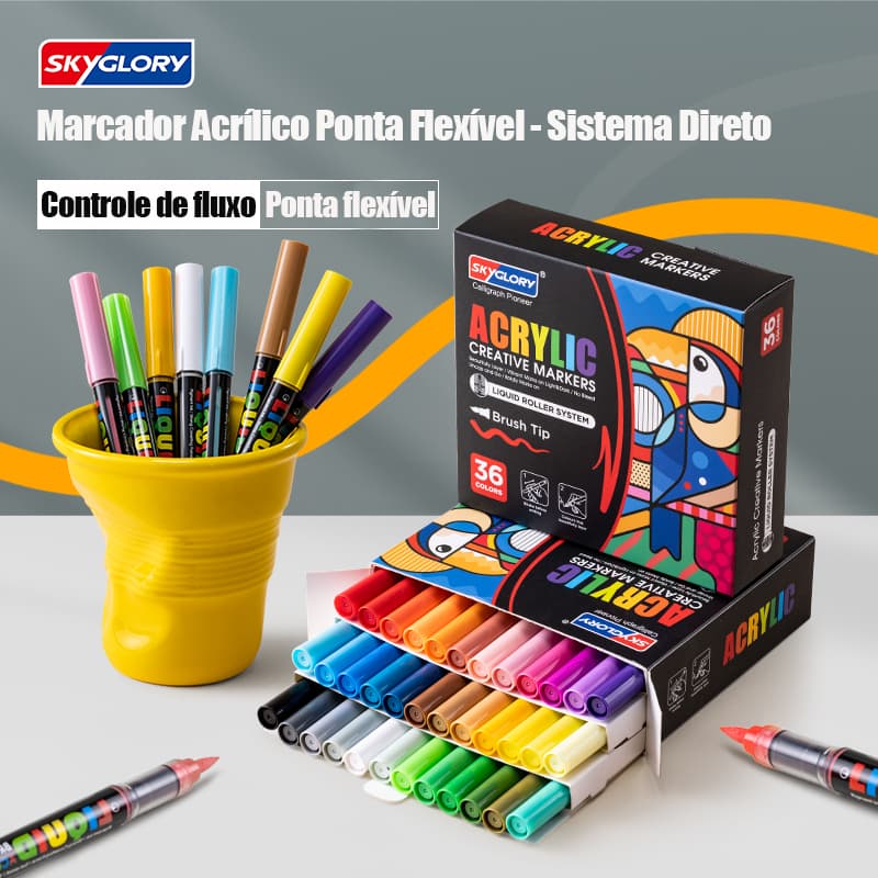 SKYGLORY Kit Canetas Acrílicas Ponta Flexível Secagem Rápida 12 a 60 Cores Artístico Escolar