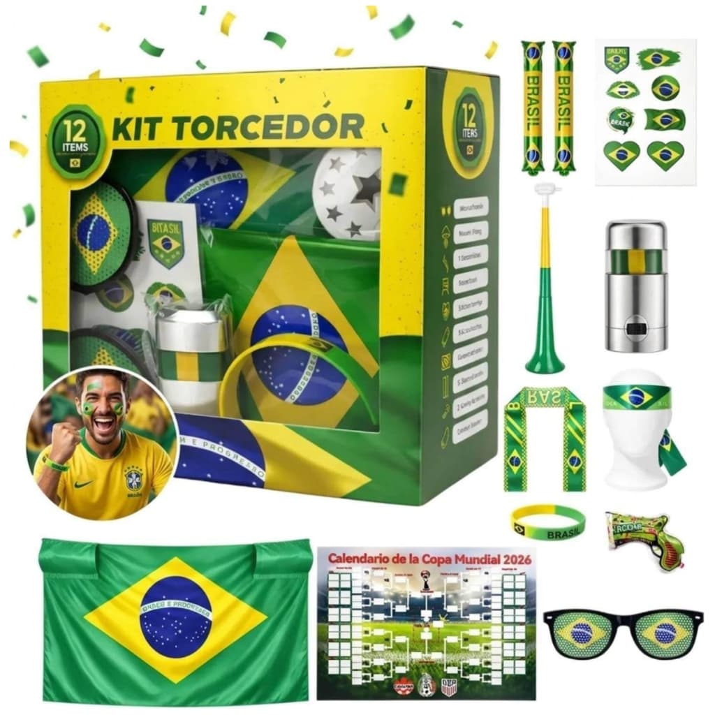 Kit Torcedor Combo 12 Brasil Copa do Mundo Bandeira Corneta Bastão Inflável Brasileiro Futebol