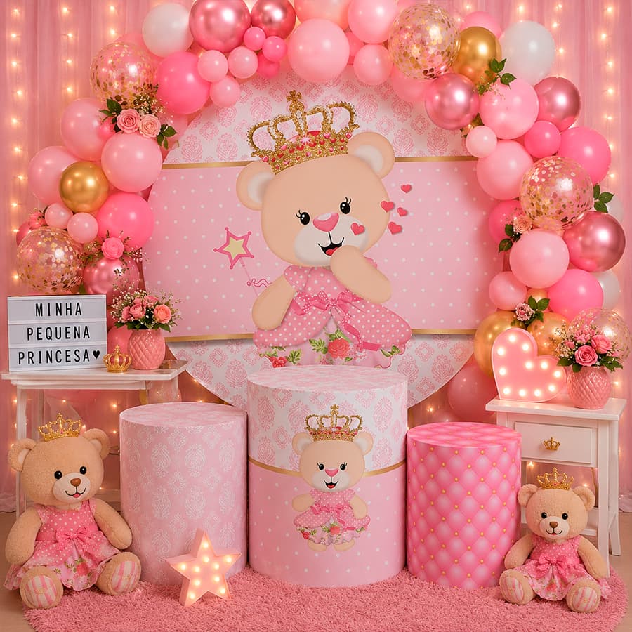 Kit Capa De Painel Redondo + Capas De Cilindro Para Festas Tema Cha De Bebe Ursinho Menina Princesa