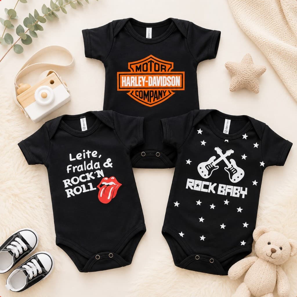 Kit 3 Body Bebê Mesversário Rock Motociclista Moto Leite fralda rock