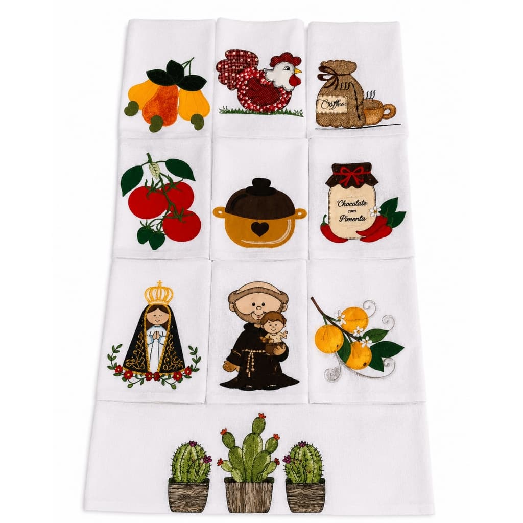 Kit Pano De Prato Bordado Com Patchork Aplicado Kit Com 10 Peças
