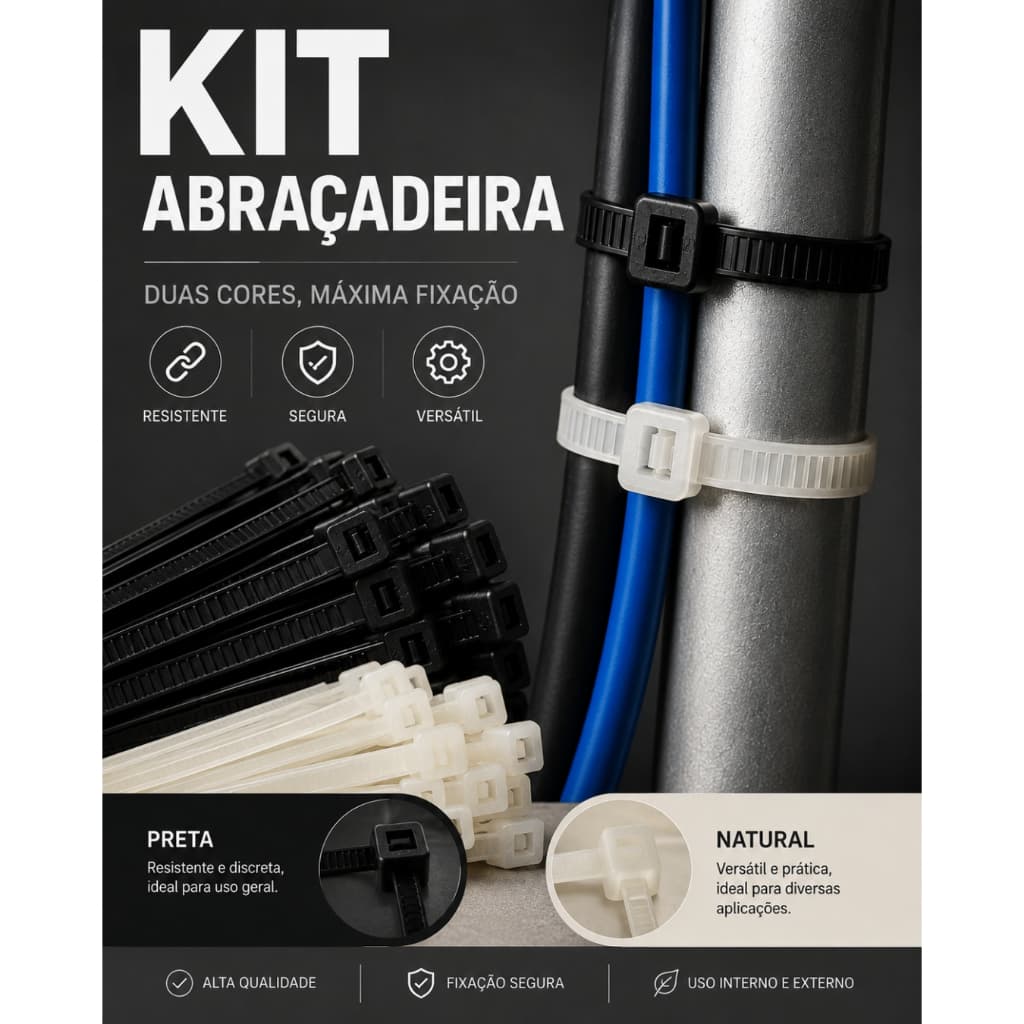 Kit Com 100/200/300/400/500un Abraçadeira de Nylon 200x4,8MM Preta/Natural Enforca Gato Resistente